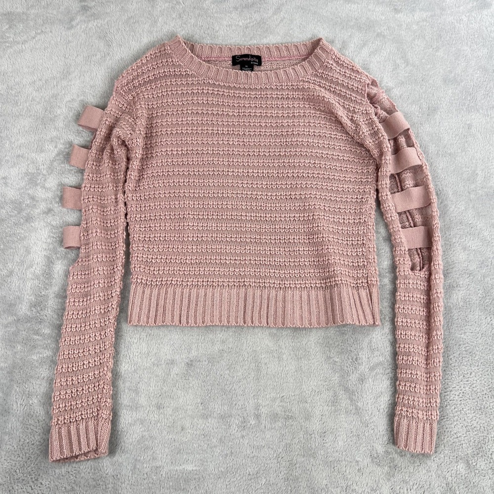 Serendipity Cropped Knit Sweater XL Pink Cutout Sleeve Womens Y2K Boho Pullover